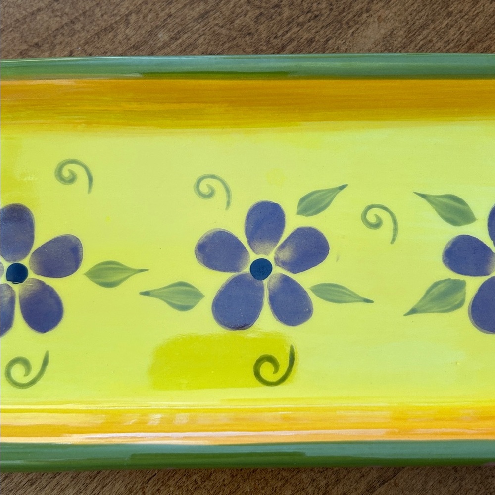 PartyLite White Ceramic Tray with Pink and Green Trim - Picture 2 of 4